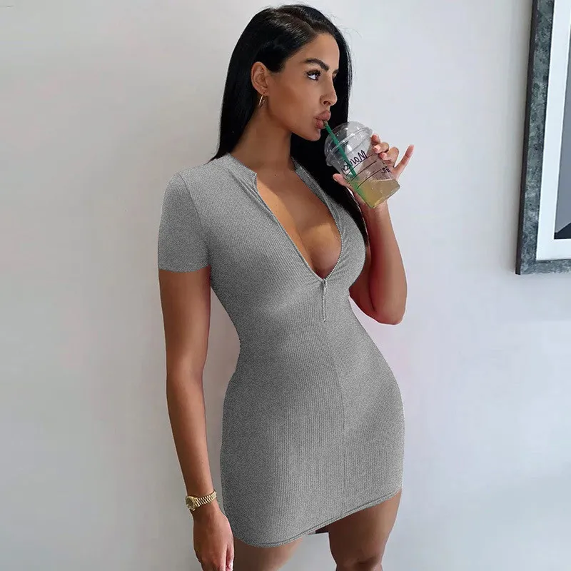 Women Basic Solid Color Short Sleeves Bodycon Zipper Dress