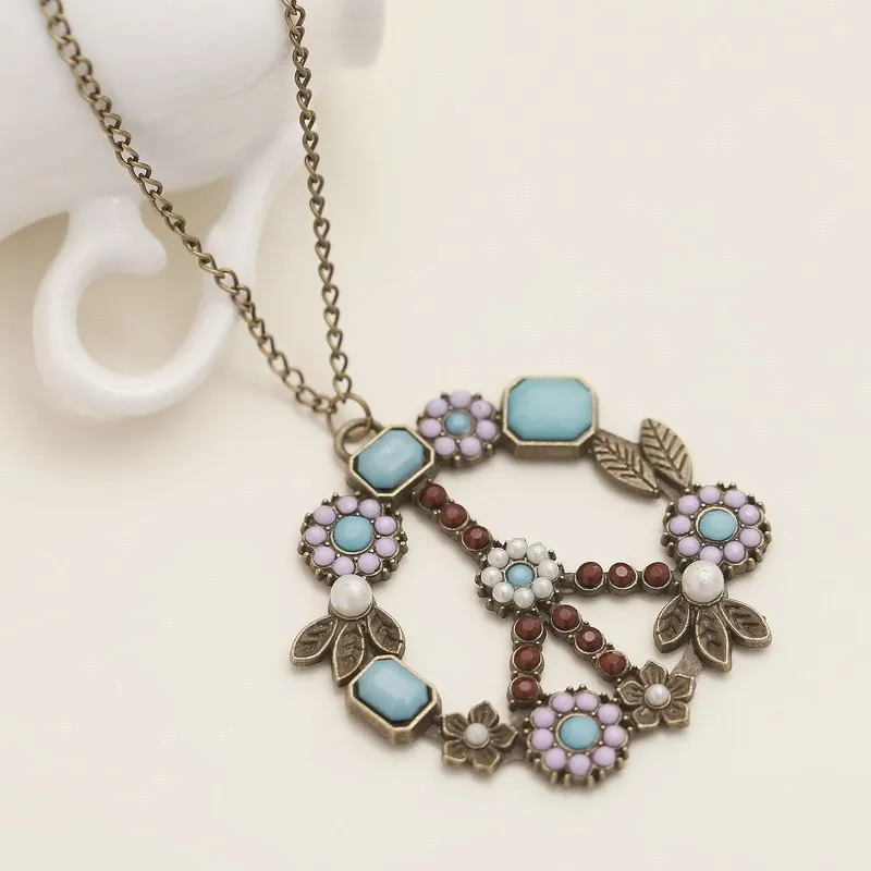 Vintage Flower Decorative Peace Symbol Anti-war Alloy Pendant Necklace
