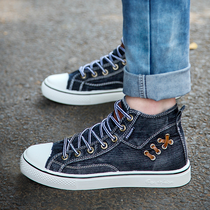 Wholesale Washable Denim Upper Men High-Top Canvas Lace-up