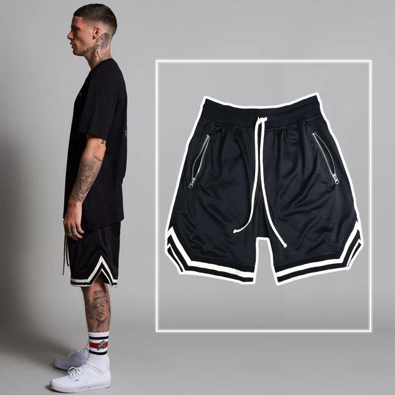 Men Casual Mid Waist Drawstring Pocket Zipper Design Loose Mesh Shorts