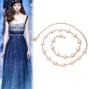 Women Chic Imitation Pearl Metal Flower Design Dress PU Belt