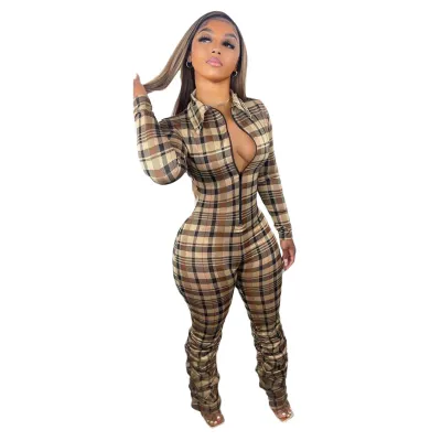 Women Elegant Long Sleeve Lapel V Neck Plaid Zipper Jumpsuit