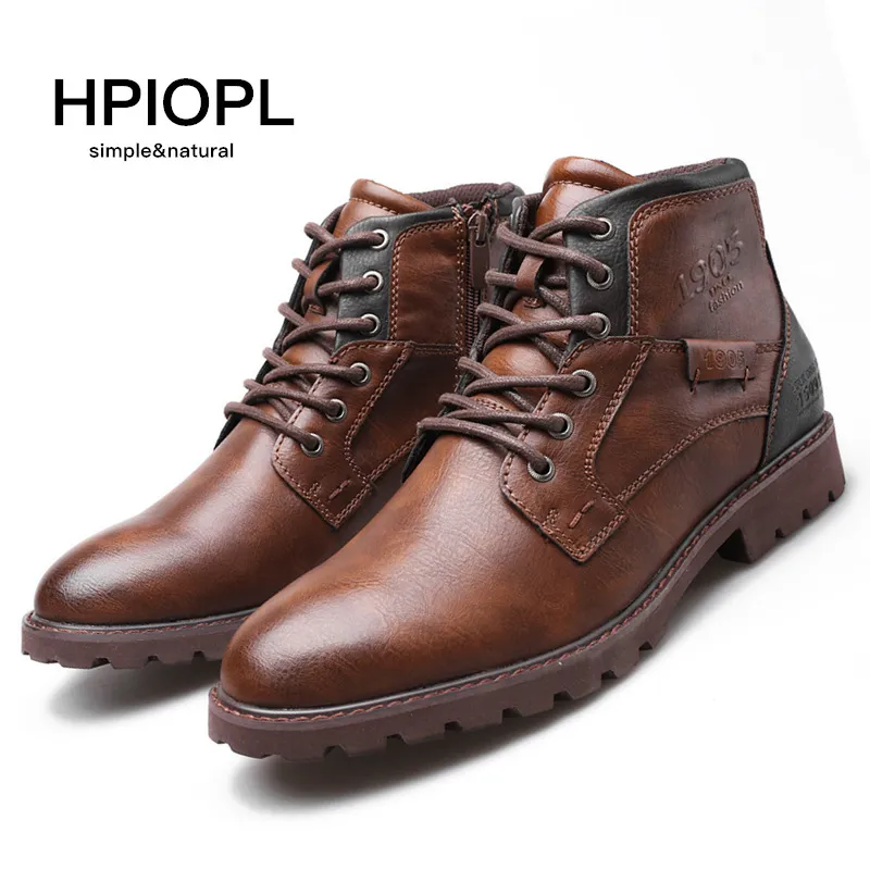 Men's Large Size Side Zipper Vintage PU Lace-up Short Boots Solid Color