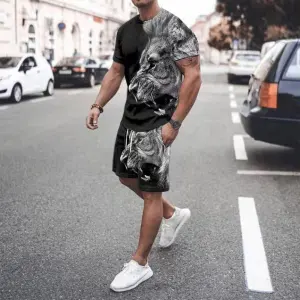 Men Plus Size Casual Short Sleeve Round Neck Graphic Printed Loose T-shirt And Drawstring Waist Shorts Two-piece Set