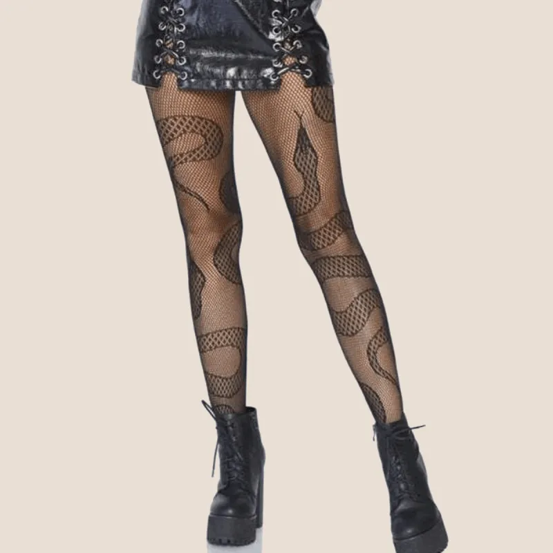 Women Casual Black Snake Pattern Hollow Out Stockings
