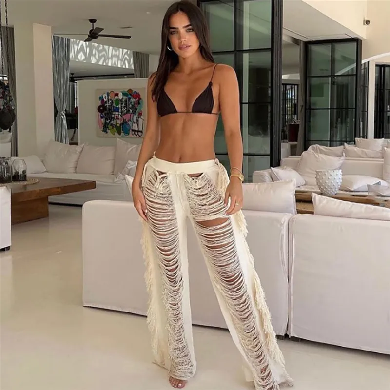 Women Sexy Cut Out Tassel Solid Color Ripped Straight Pants