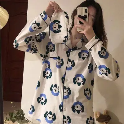 Women's Loose Cartoon Long Sleeve Cardigan Pajama Set