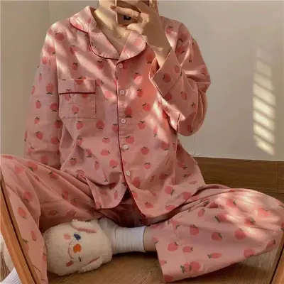 Women's Loose Cartoon Long Sleeve Cardigan Pajama Set