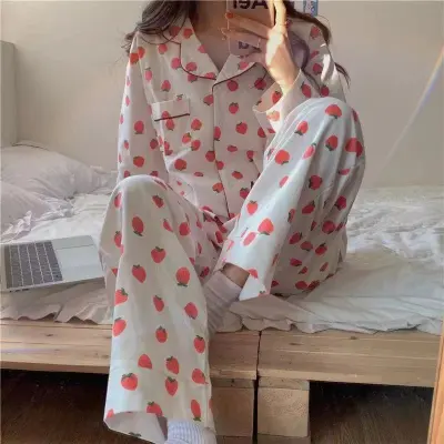 Women's Loose Cartoon Long Sleeve Cardigan Pajama Set