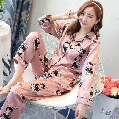 Women's Loose Cartoon Long Sleeve Cardigan Pajama Set