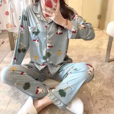 Women's Loose Cartoon Long Sleeve Cardigan Pajama Set