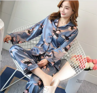 Women's Loose Cartoon Long Sleeve Cardigan Pajama Set