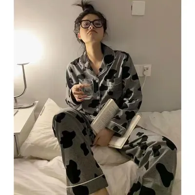 Women's Loose Cartoon Long Sleeve Cardigan Pajama Set