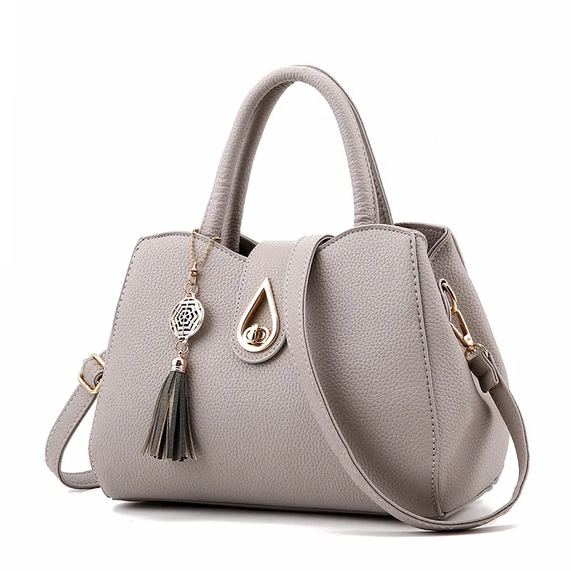 Women Casual Tassel Decoration Solid Color Large Capacity Shoulder Handle Bag