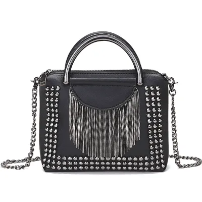 Women Vintage Rivet Tassel Decoration Solid Color PU Shoulder Bag