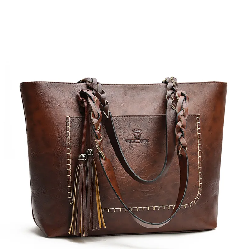 Women Vintage Tassel Design Solid Color Large Capacity PU Shoulder Bag