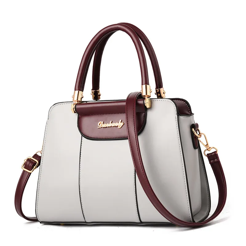 Women Vintage Color Blocking PU Large Capacity Shoulder Handle Bag