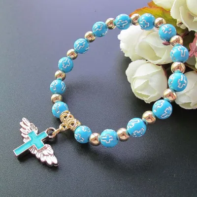 Faith Beaded Cross Pendant Alloy Bracelet