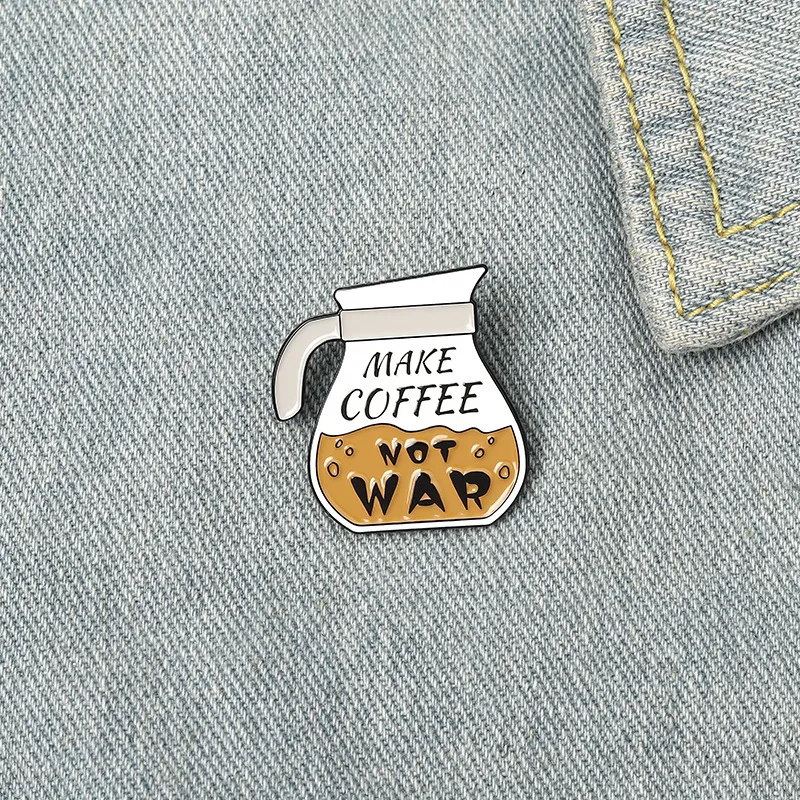 Creative Cartoon Coffee Pot Shape Anti-war Slogan Design Enamel Alloy Brooch