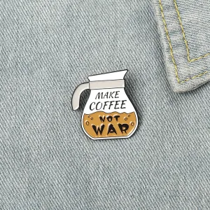 Creative Cartoon Coffee Pot Shape Anti-war Slogan Design Enamel Alloy Brooch
