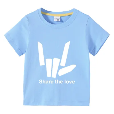 Kids Basic Love Gesture Letter Pattern Round Neck Short Sleeve T-shirt Unisex Cotton