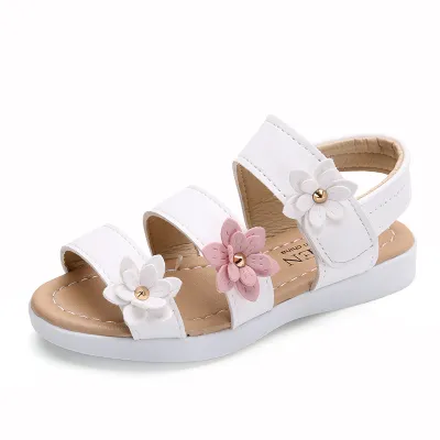 Girls Basic Three Flowers Velcro Sandals with Floral Print and PU Upper