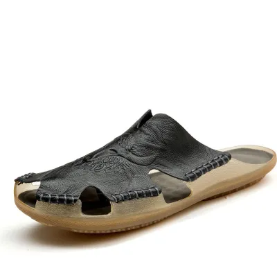 Men's Vintage Cowhide Leather Cover Toe Beach Slippers Casual Flat