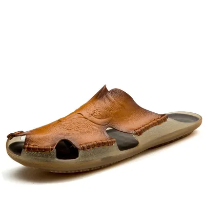 Men's Vintage Cowhide Leather Cover Toe Beach Slippers Casual Flat