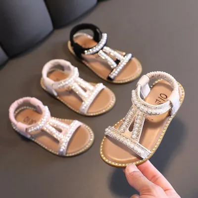Girls Bohemian Pearl Design Soft Bottom Princess Sandals