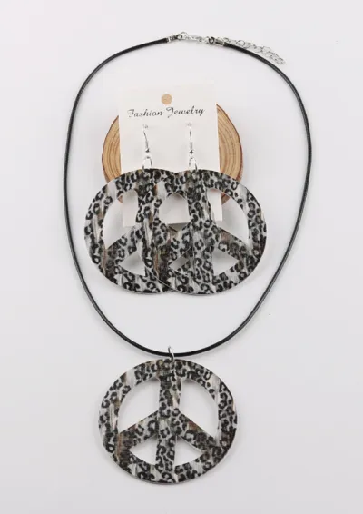Creative Peace Sign Wooden Earrings And Necklace Set For Women Geometric Leather Rope