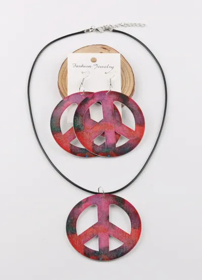 Creative Peace Sign Wooden Earrings And Necklace Set For Women Geometric Leather Rope
