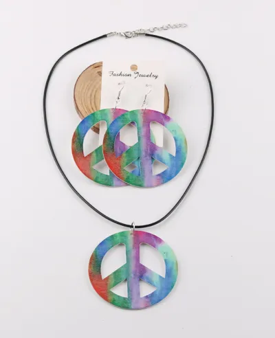 Creative Peace Sign Wooden Earrings And Necklace Set For Women Geometric Leather Rope