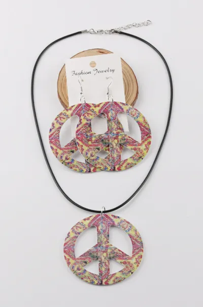 Creative Peace Sign Wooden Earrings And Necklace Set For Women Geometric Leather Rope