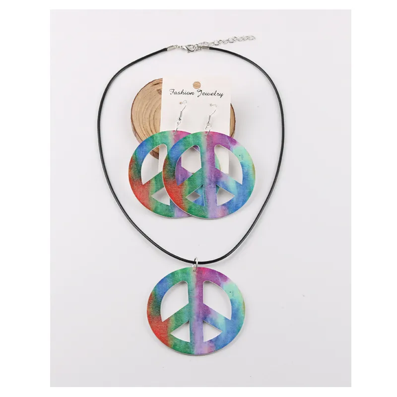 Creative Peace Sign Wooden Earrings And Necklace Set For Women Geometric Leather Rope