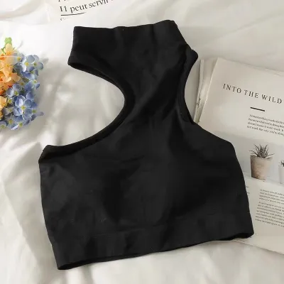 Women Halter Neck Sleeveless Solid Color Crop Tank Top With Chest Pad