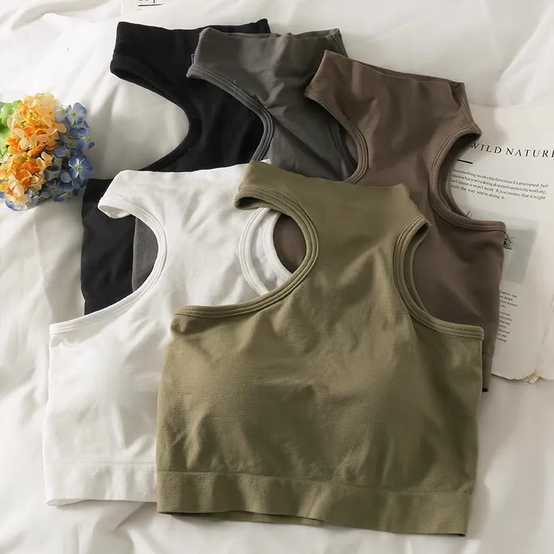 Women Halter Neck Sleeveless Solid Color Crop Tank Top With Chest Pad