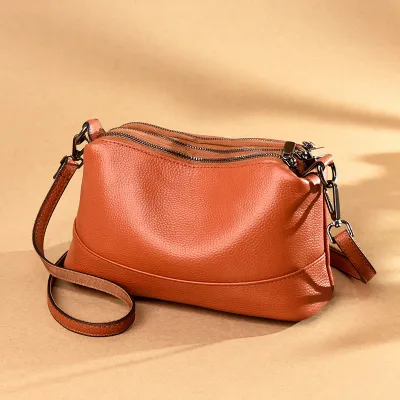 Genuine Leather Women Vintage Zipper Solid Color Large Capacity Crossbody Bag