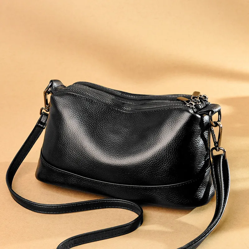 Genuine Leather Women Vintage Zipper Solid Color Large Capacity Crossbody Bag