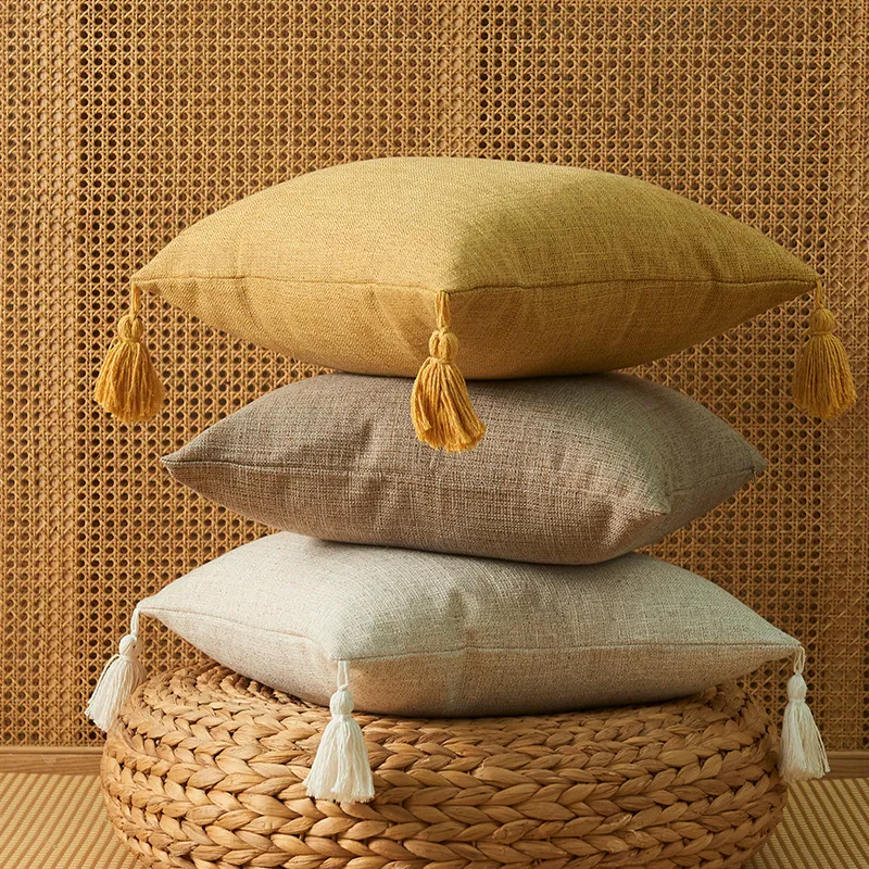 Solid Color Cotton Linen Tassel Minimalist Style Pillowcase Cushion Cover Home Textile