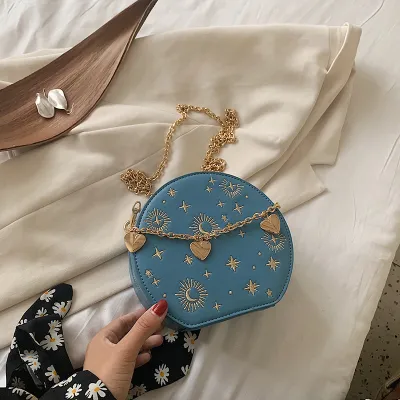 Retro Small Round Bag Chain Fashion Blue Embroidery Shoulder Crossbody Bag