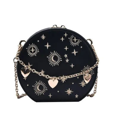 Retro Small Round Bag Chain Fashion Blue Embroidery Shoulder Crossbody Bag