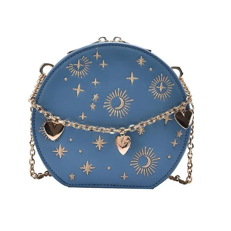 Retro Small Round Bag Chain Fashion Blue Embroidery Shoulder Crossbody Bag