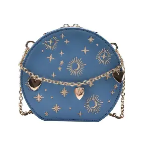 Retro Small Round Bag Chain Fashion Blue Embroidery Shoulder Crossbody Bag