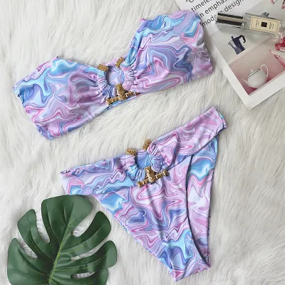 Women Sexy Solid Color High Waist Metal Bikini Swimwear Two Pieces Set