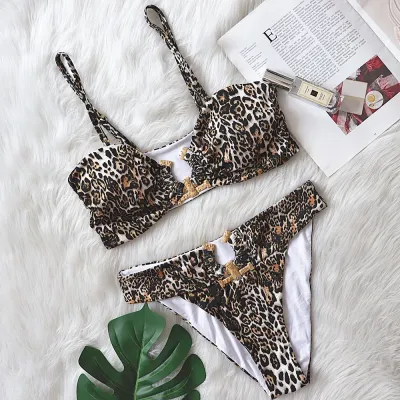 Women Sexy Solid Color High Waist Metal Bikini Swimwear Two Pieces Set