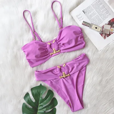 Women Sexy Solid Color High Waist Metal Bikini Swimwear Two Pieces Set