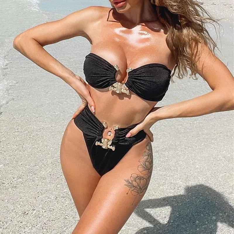 Women Sexy Solid Color High Waist Metal Bikini Swimwear Two Pieces Set