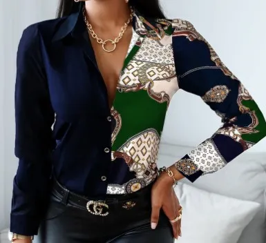 Women Elegant Long-sleeved Single-Breasted V Neck Color Block Vintage Blouse