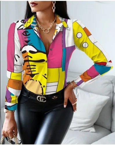 Women Elegant Long-sleeved Single-Breasted V Neck Color Block Vintage Blouse