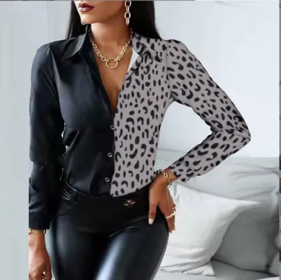 Women Elegant Long-sleeved Single-Breasted V Neck Color Block Vintage Blouse